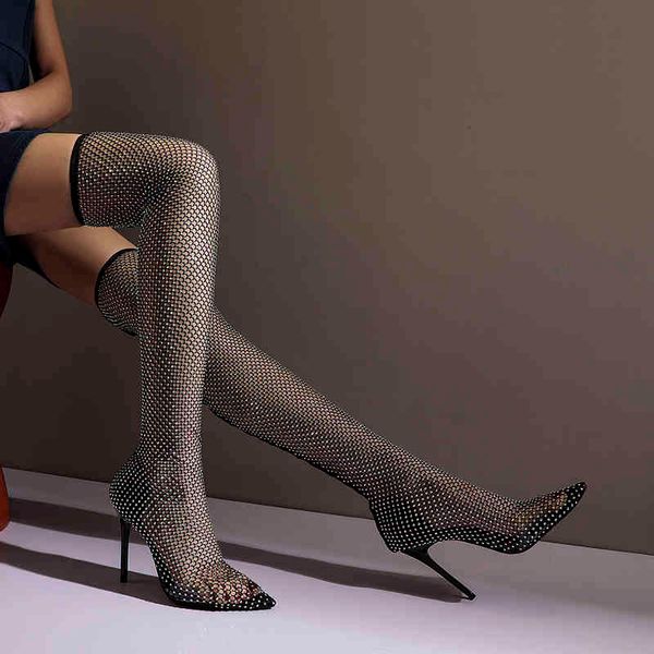 

boots female boots on the knee plus size 22-28cm diamond length encrusted mesh super high heels celebrity online nightclub qyp9, Black