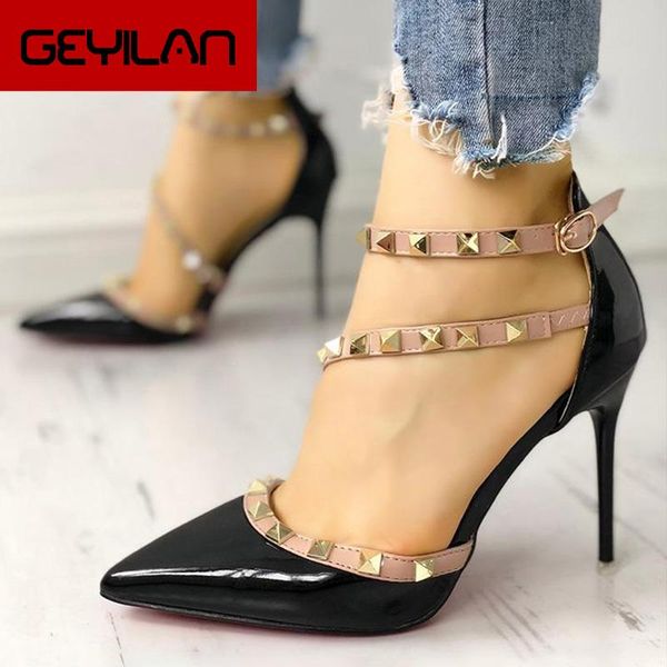 

dress shoes women summer thin high heels rivet 10cm buckle pointed toe gladiator office party pumps wedding, Black