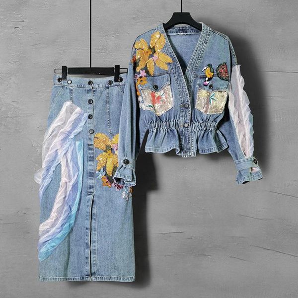 

women's tracksuits 2021 autumn winter denim jacket coat sequined stitching jeans skirt fashion two-piece set, Gray