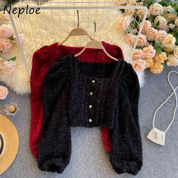

neploe square collar clavicle exposed blouse women pullover puff long sleeve temperament blusas spring slim shirt 210510, White