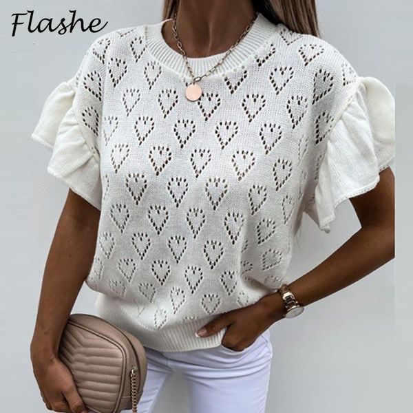 

women's t-shirt pure color heart-shaped hollow petal sleeve knitted short love pattern elegant 2021, White