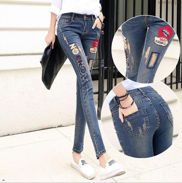 

women's jeans pencil pantsembroidery lips letter ripped hole elastic ladies skinny trousers for women lip denim pants, Blue