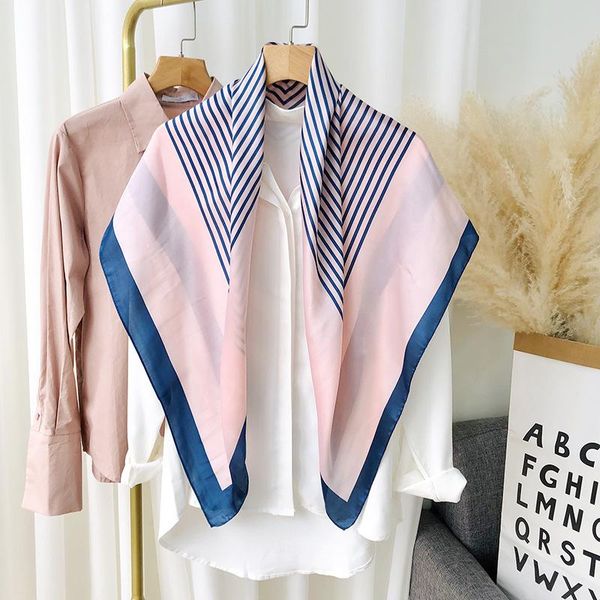 

scarves 2021 silk scarf women shawl wrap printed square female stripe scarfs bandana hijab foulard, Blue;gray