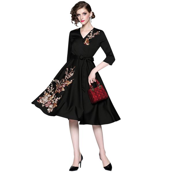 

dress fashion show autumn of elegant women v neck dressed in feast embroidery lace-up plastic femme z2hb, Black;gray