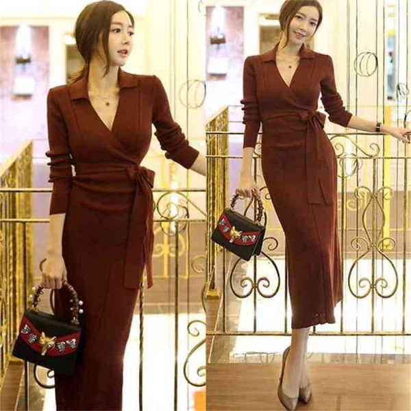 

women knitted sweater dress wrap belted tunic midi vestidos long sleeve v neck casual slim knit 210519, Black;gray