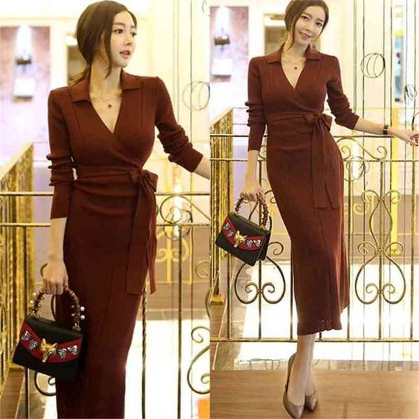 Frauen Gestrickte Pullover Kleid Wrap Belted Tunika Midi Vestidos Langarm Sexy V-ausschnitt Casual Slim Stricken 210519