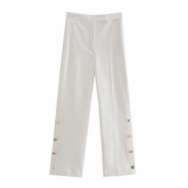 

women's pants & capris white fashion wide leg women buttons elegant casual trousers lady 2021 high waist vintage chic pant female, Black;white