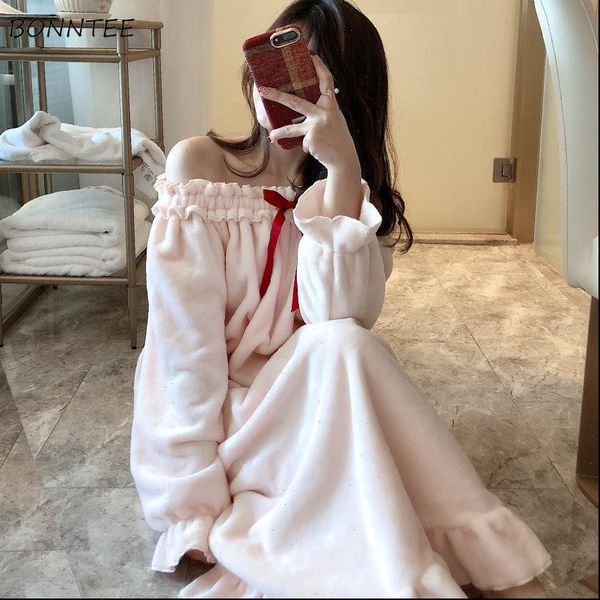 

nightgowns winter coral fleece women sleepwear warm solid princess bow korean loose long style womens sleepshirts comfortable elegant, Black;red