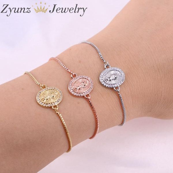 

link, chain 10pcs, gold virgin mary bracelets for women cz zirconia crystal adjustable round charm christian jewelry, Black