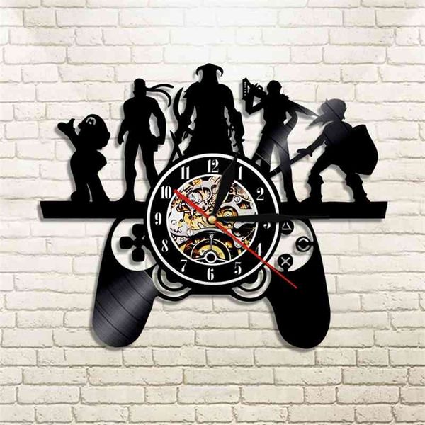 Controller di gioco Orologio da parete Design moderno Artist Elements Nero Appeso Luce magica Geek Gamer Gaming Console da gioco Regalo 210325