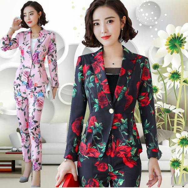 

fashionable suits women's korean version of the self-cultivation printing ol professional suit temperament two-piece two piece pants, White