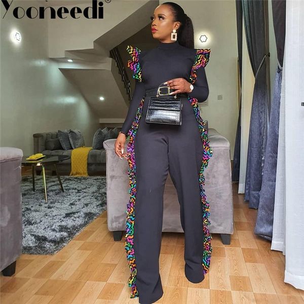 

women's jumpsuits & rompers yooneedi 2021 autumn design high street women 2 color solid ruffles o-neck full sleeve ladies qm3894, Black;white