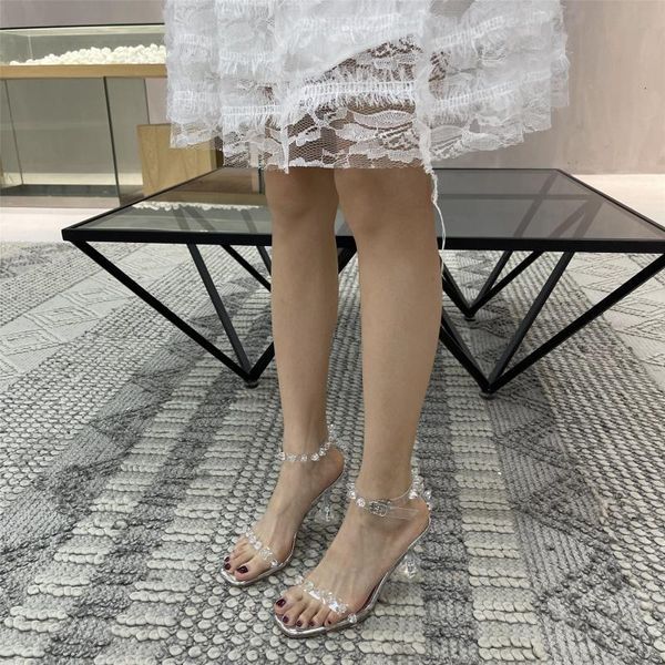 

fairy sandals 2021 early spring transparent rivet high heels thin heel one line band ol wedding sho, Black