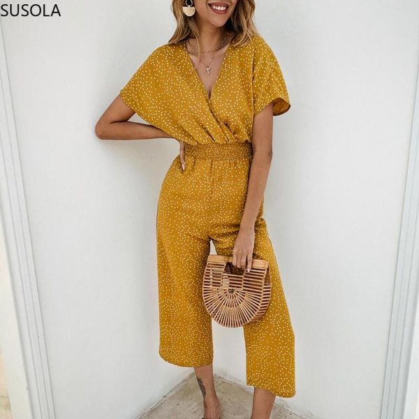 

summer chiffon dot print women jumpsuits 2021 casual v-neck pocket overalls jumpsuit short sleeve wide loose rompers women's &, Black;white