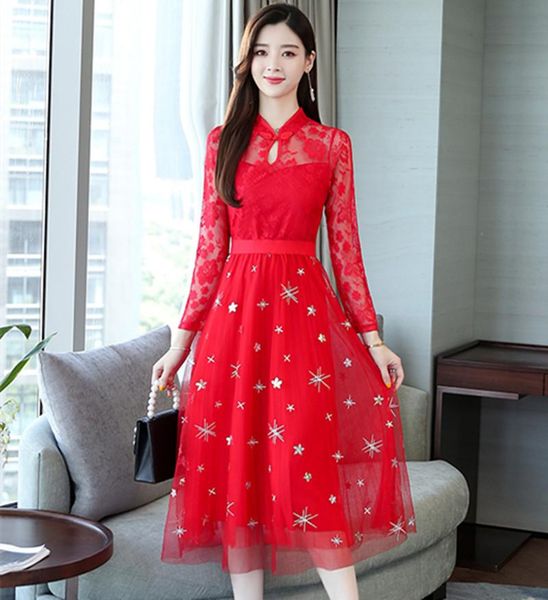 

casual dresses fall fashion week 2021 long sleeve women's lace stitching embroidery retro-ancient printed pleated, Black;gray