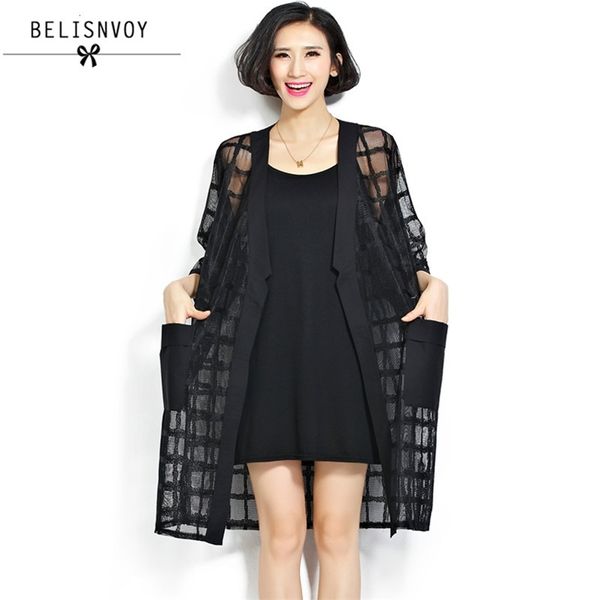

plus size chiffon coat summer style fashion women clothing black plaid perspecti loose half sleeve lady long mesh cardigan 210520, Black;brown