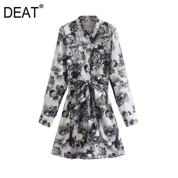 

[deat] summer fashion turn-down collar high waist single-breasted long sleeve printing dress 13q242 210527, Black;gray