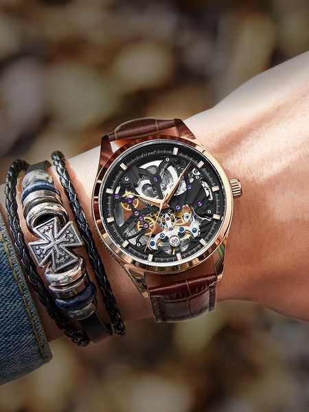 

wristwatches eilang swiss certification hollow mechanical watch men's waterproof automatic fashion business 10 brands, Slivery;brown