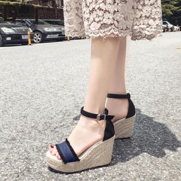 

dress shoes doratasia ladies platform ankle strap summer sandals fashion wedges high heels women's casual party woman, Black