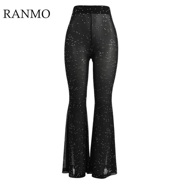 

2021 crystal diamond mesh pants women summer hollow out transparent loose long fishnet beachwear trousers women's & capris, Black;white