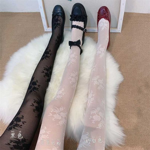 Retro Dantel Gül Nakış Ultra İnce Mahkeme Lolita Beyaz Çorap Külotlu Çorap Örgü Çorap 211204