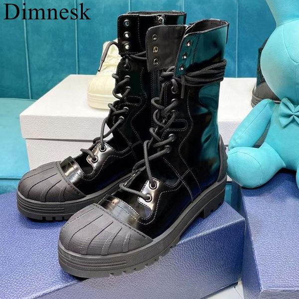

boots 2021 flat thick sole women shell round toe real leather lace up hollow out ankle handsome autumn shoes female, Black