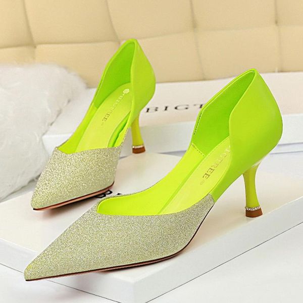 

dress shoes 2021 designer women sparkly 6cm crystal high heels pumps stiletto glitter neon lime green pink low bridal, Black