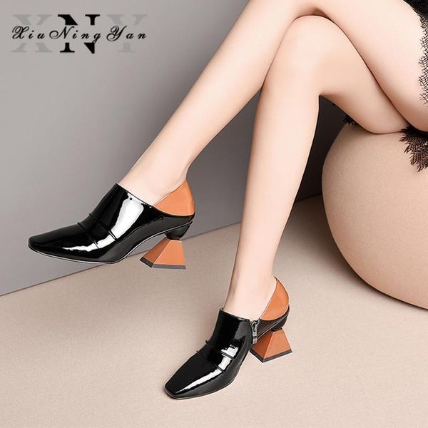 

genuine leather pumps women pointed toe footwear fashion zipper shoes female high heels woman 2021 party office dress, Black