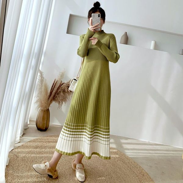 

casual dresses european spring autumn loose half high collar striped hedging mid-length color-blocking knitted women fashion 2021, Black;gray