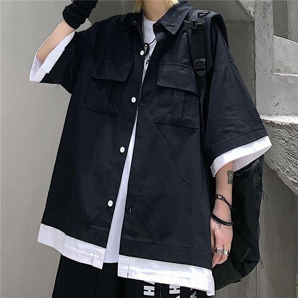 

men women summer cargo shirt harajuku blouse button up cardigan ulzzang korean clothes streetwear work pocket clothing men's casual sh, White;black