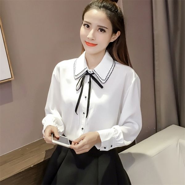 

women's spring autumn shirts korean style the bow tie long-sleeved blouse loose and wild thin gx620 210507, White