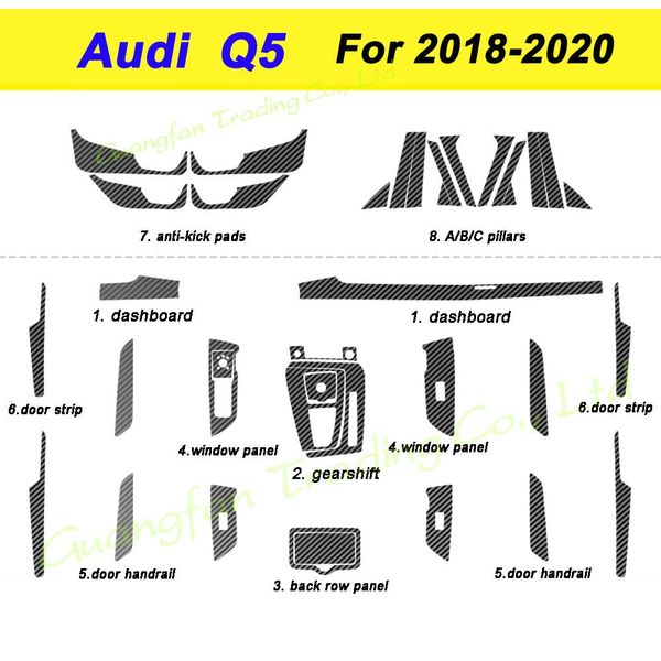 Para Audi Q5 Ano 2018-2020 Interior Painel de controle central maçaneta porta 3d/5d adesivos de fibra de carbono Decalques de estilo de estilo de carro