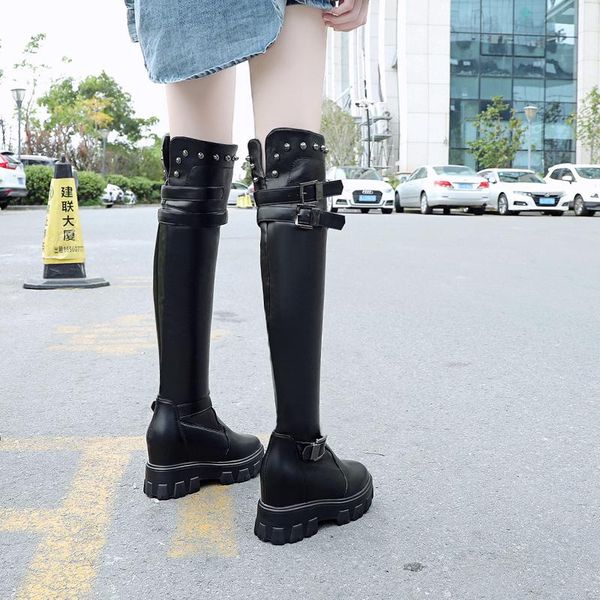 

boots women's party cosplay elegant over the knee high thigh knight height increasing heels botas mujer winter belt buckle shoes, Black