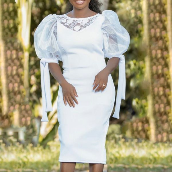 

African Women Dress White O-Neck See-through Organza Puff Sleeve Bodycon Party Dress Female Vestidos Elegant Cocktail Robes