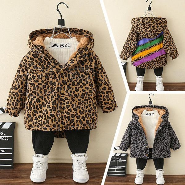 

down coat 2021 fashion winter hooded outerwear girls boys leopard jackets children single breasted colorful warm thick clothes 2 8y, Blue;gray