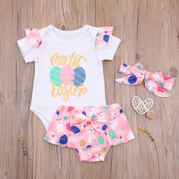 

born baby girl's clothes set easter printed 3pcs romper ruffled short sleeve bodysuit+shorts+headband clothing sets, White