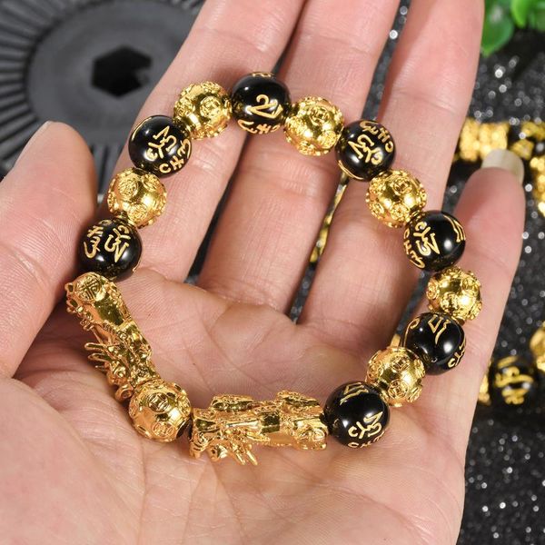 

beaded, strands feng shui obsidian stone beads bracelet men women wristband gold black pixiu wealth good luck