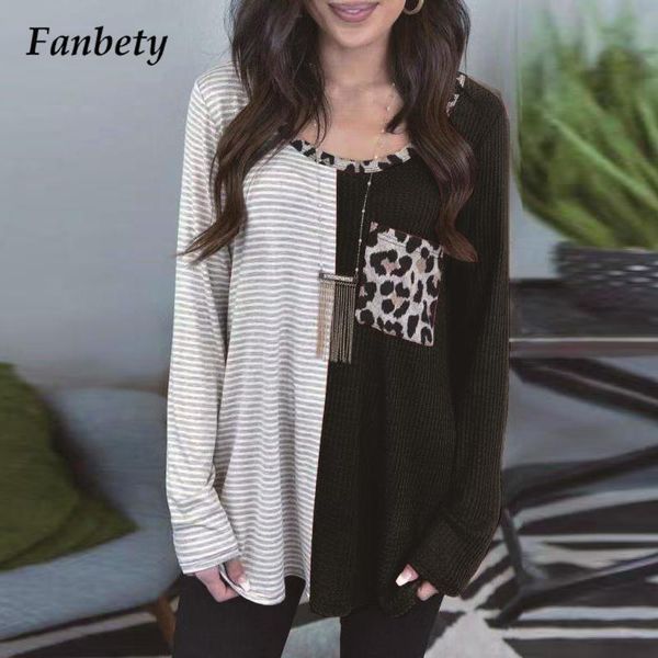 

women's blouses & shirts retro patch pocket leopard loose fashion casual o neck patchwork stripe lady shirt pullover long sleeve women, White