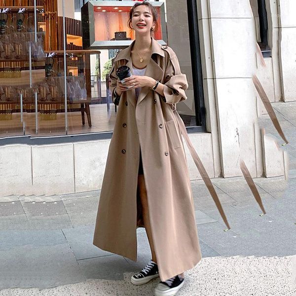 

women's trench coats coffee color windbreaker spring autumn2021 plus long korean loose double breasted fashion excellent lining jacket2, Tan;black