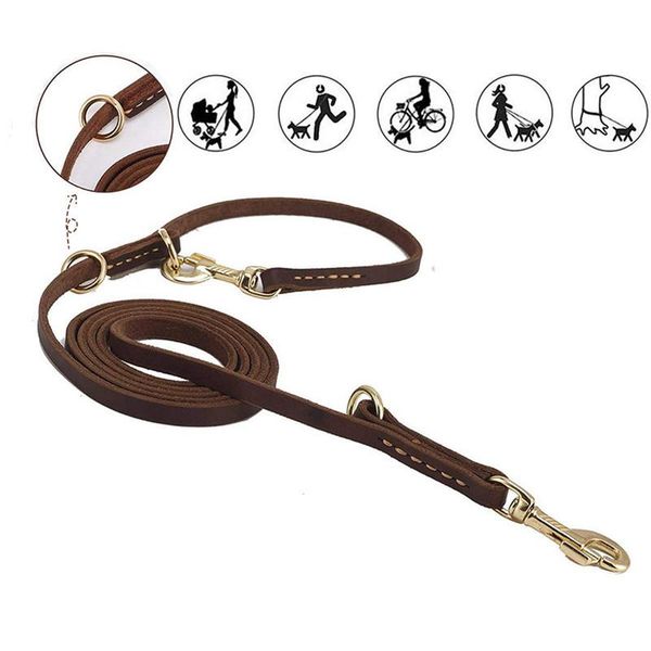 

multifunctional two dog leash genuine leather double leashes p chain adjustable long short pet walking training leads230 cm collars
