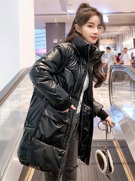 

leather turtleneck loose parka mujer y703 without washing cold protection down cotton female jacket mid-korean length winter coat jxt2, Black