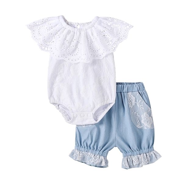 0-24m Summer infantil nascido bebê menina conjunto de renda romper denim shorts outfits trajes 210515