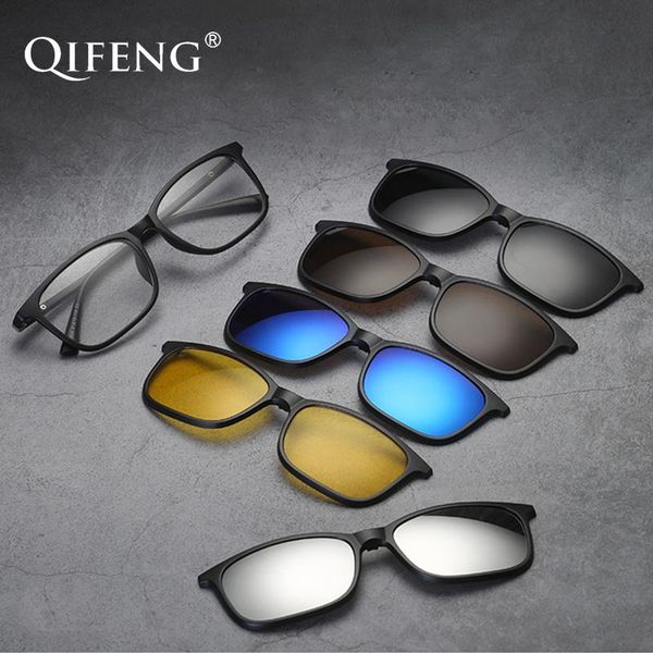 

fashion sunglasses frames optical spectacle frame men women spring hinge tr90 with 5 clip on polarized magnetic glasses eyeglasses qf124, Black