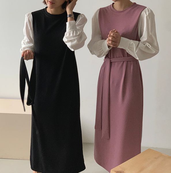 

dress autumn winter long fake-two piece woman with belt vintage full sleeve o-neck office ladies es elegant vestidos we5h ig1l, Black;gray