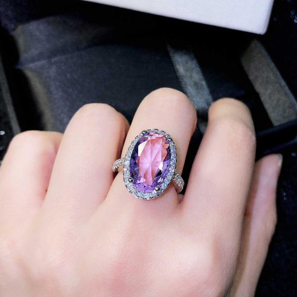 

natural amethyst micro-encrusted diamond ring oversized goose egg engagement color accessories for women, Golden;silver