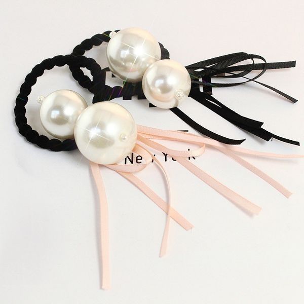 

f179 accessories korean fashion gourd size pearl tassel ribbon bow hair ring, Pink