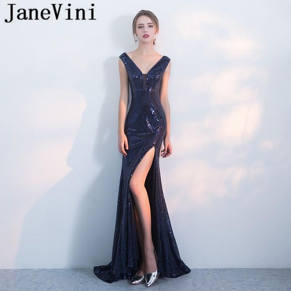 

party dresses janevini shiny sequined navy blue prom long mermaid high split gowns v neck women's evening dress gala jurken 2021, White;black