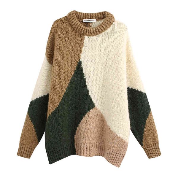 

stylish contrast colors sweaters women fashion loose o neck pullovers elegant ladies long sleeve knitwear 210520, White