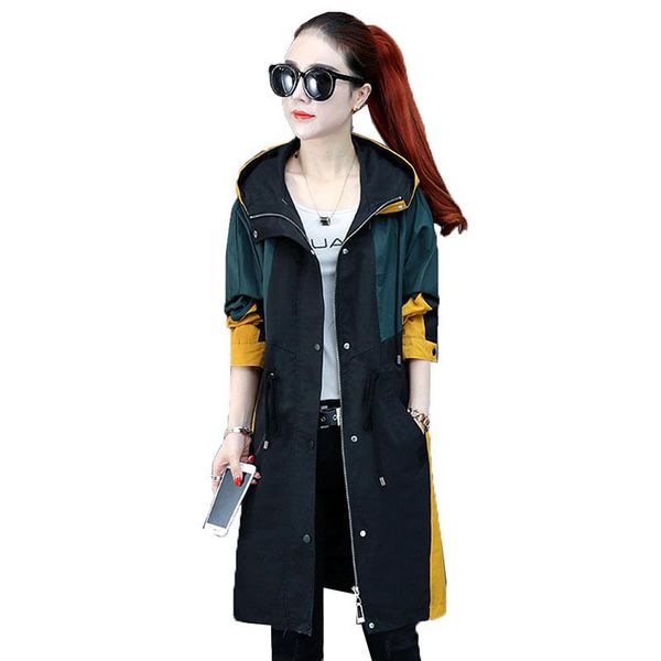 

women's trench coats windbreaker 2021 spring coat long hooded zipper fashion autumn outerwear drawstring, Tan;black