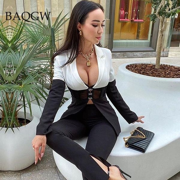 

women's suits & blazers women blazer 2021 color block fashion office ladies jackets coat autum female mesh patchwork long sleeve slim g, White;black